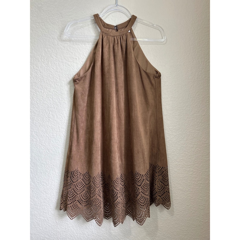 Hot Delicious Large Tan Faux Suede Halter Mini Dress Halter Cowgirl Glam Rodeo